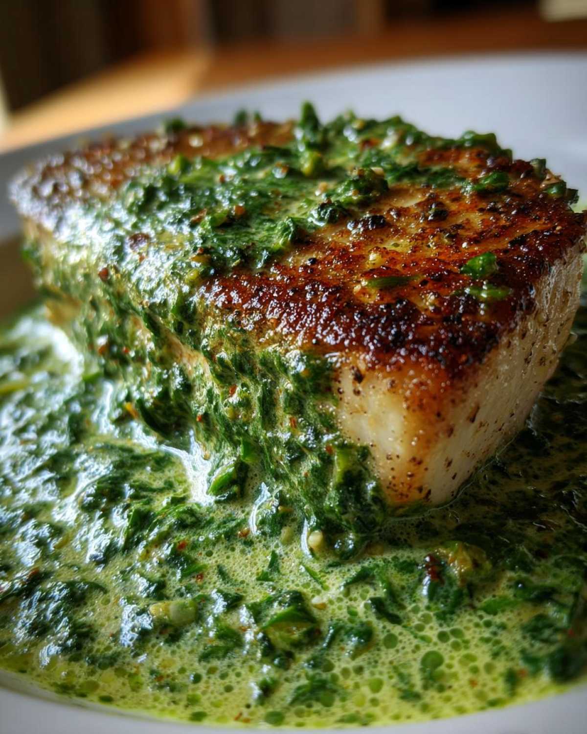 Close-up of a seared chicken breast smothered in rich, bright green Creamy Spinach Chicken with Garlic Sauce.