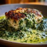 A perfectly seared chicken breast smothered in rich, creamy spinach and garlic sauce.