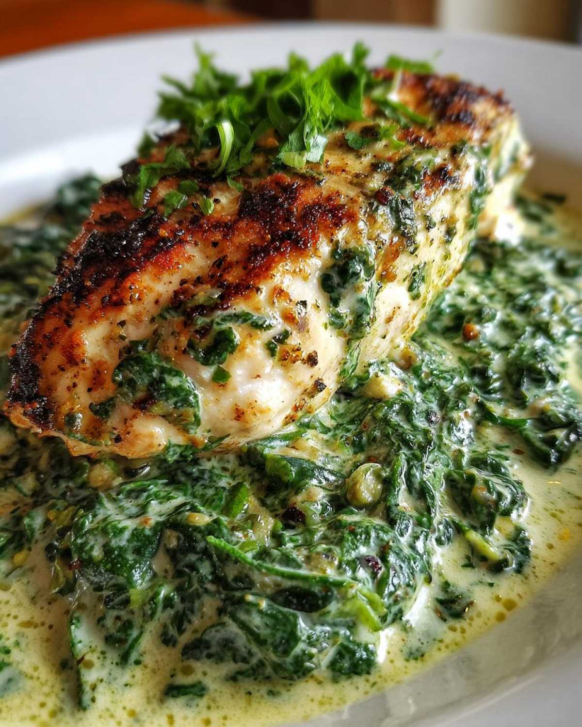 A seared chicken breast served over a bed of creamy spinach with garlic sauce, topped with fresh herbs.