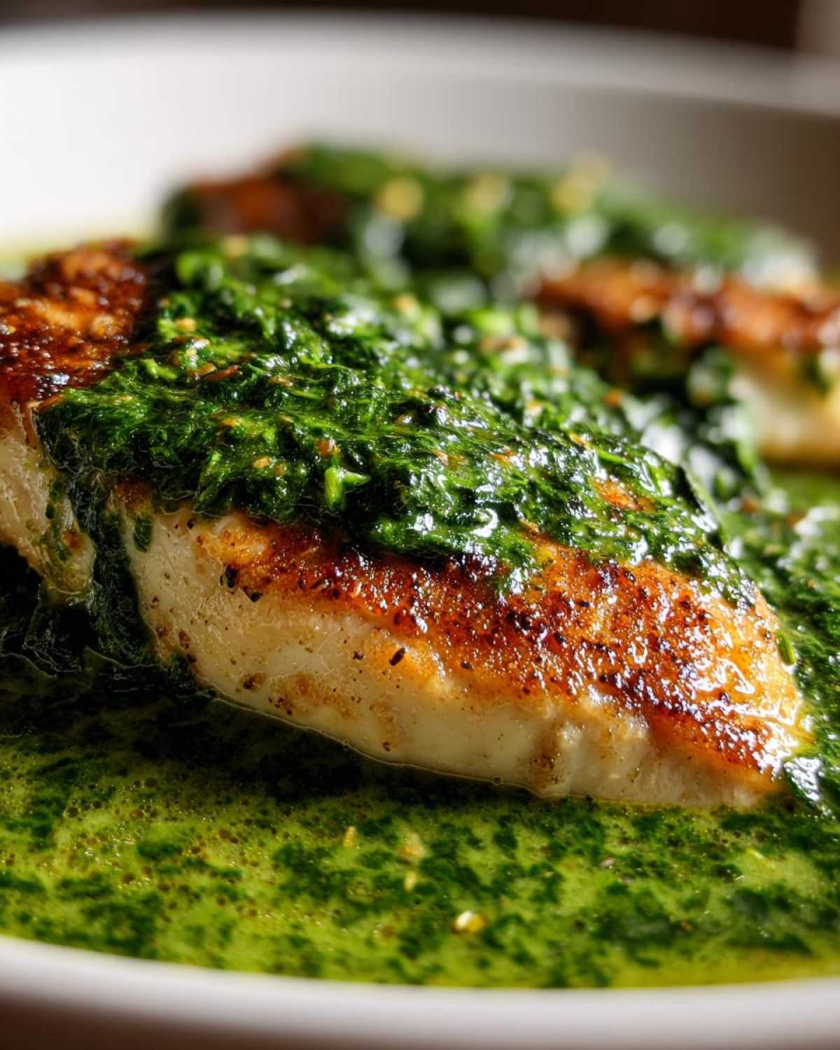 Close-up of a perfectly seared chicken breast topped with vibrant green Creamy Spinach Chicken with Garlic Sauce.
