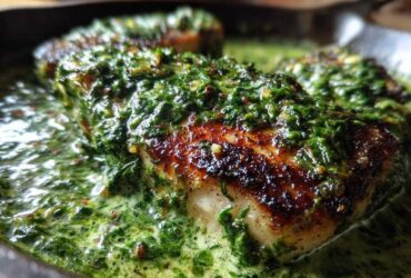 Close-up of seared chicken breast covered in a vibrant, creamy spinach garlic sauce in a skillet.