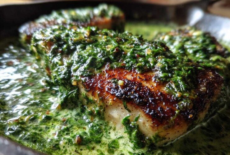 Close-up of seared chicken breast covered in a vibrant, creamy spinach garlic sauce in a skillet.