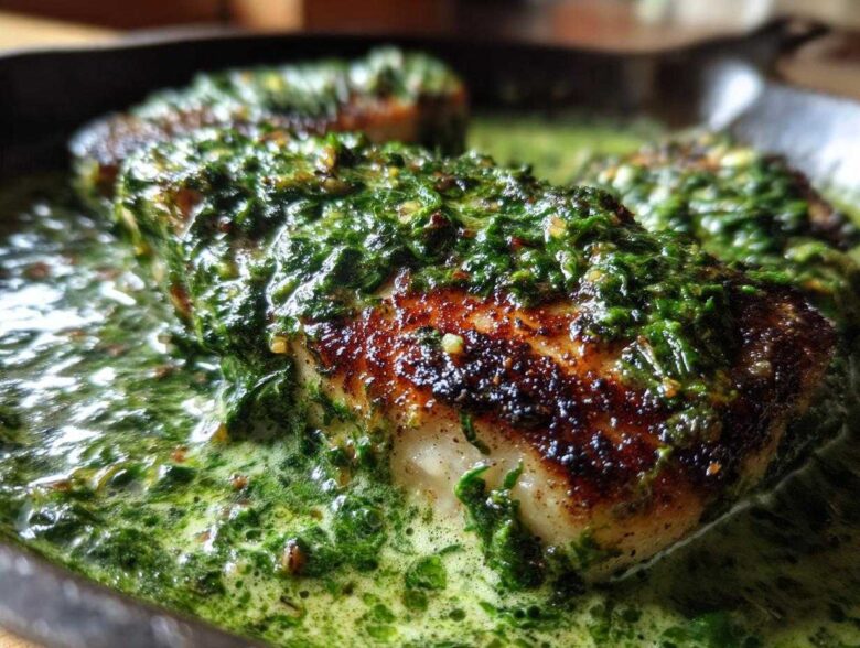 Close-up of seared chicken breast covered in a vibrant, creamy spinach garlic sauce in a skillet.