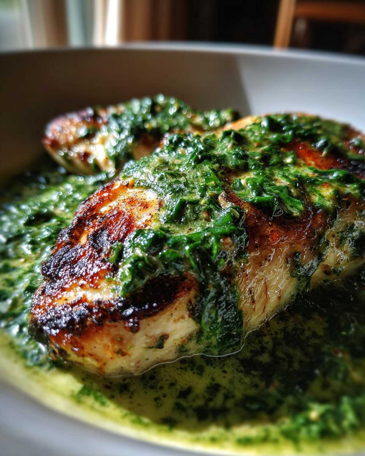 Close-up of two seared chicken breasts generously topped with a rich, green, creamy spinach chicken sauce.