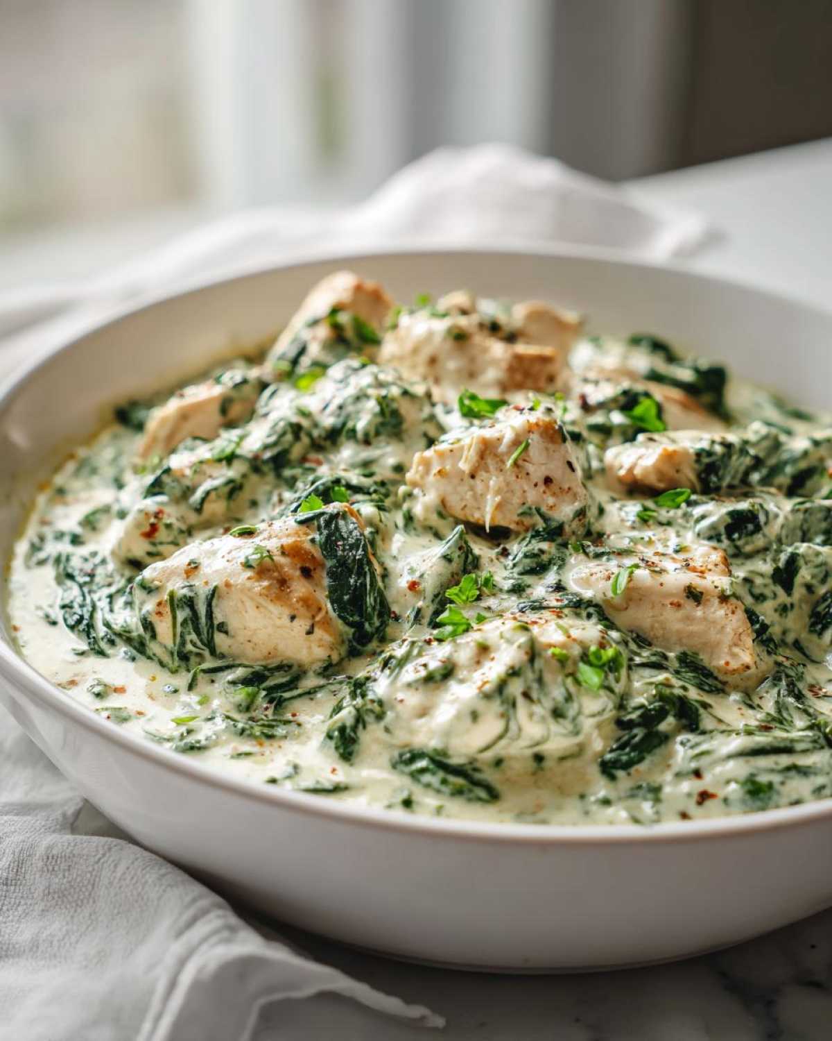 Close-up of tender chicken pieces in a rich, creamy spinach and Parmesan sauce, part of the Creamy Spinach Chicken Skillet with Parmesan.