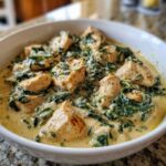 Close-up of chunks of seasoned chicken breast served in a rich, creamy sauce with wilted spinach, part of the Creamy Spinach Chicken Skillet with Parmesan.