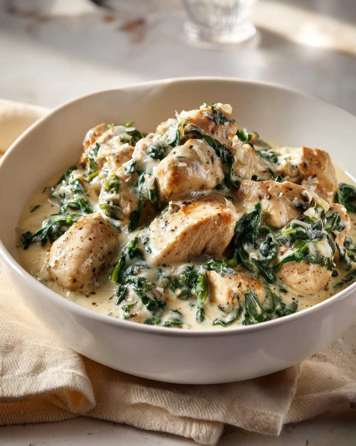 Close-up of pieces of chicken breast coated in a rich, creamy sauce with wilted spinach and grated Parmesan cheese.