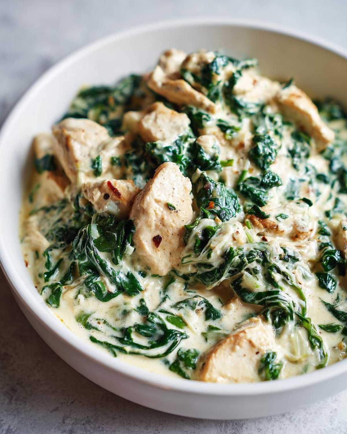 Close-up of tender chicken pieces mixed with wilted spinach in a rich, creamy Parmesan sauce: Creamy Spinach Chicken Skillet with Parmesan.