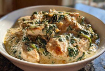 Close-up of tender chicken pieces smothered in a rich, creamy sauce with wilted spinach, part of the Creamy Spinach Chicken Skillet with Parmesan.