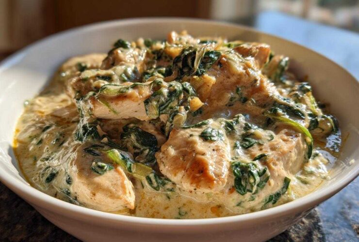 Close-up of tender chicken pieces smothered in a rich, creamy sauce with wilted spinach, part of the Creamy Spinach Chicken Skillet with Parmesan.
