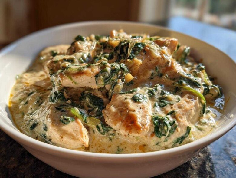 Close-up of tender chicken pieces smothered in a rich, creamy sauce with wilted spinach, part of the Creamy Spinach Chicken Skillet with Parmesan.