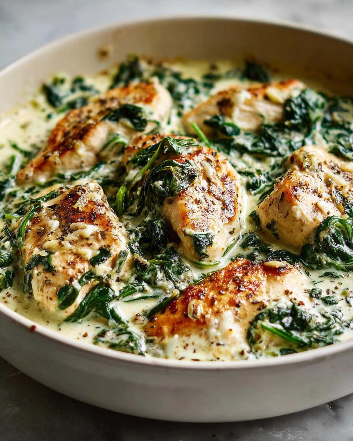 Close-up of golden-brown chicken breasts nestled in a rich, creamy spinach and Parmesan sauce in a skillet.