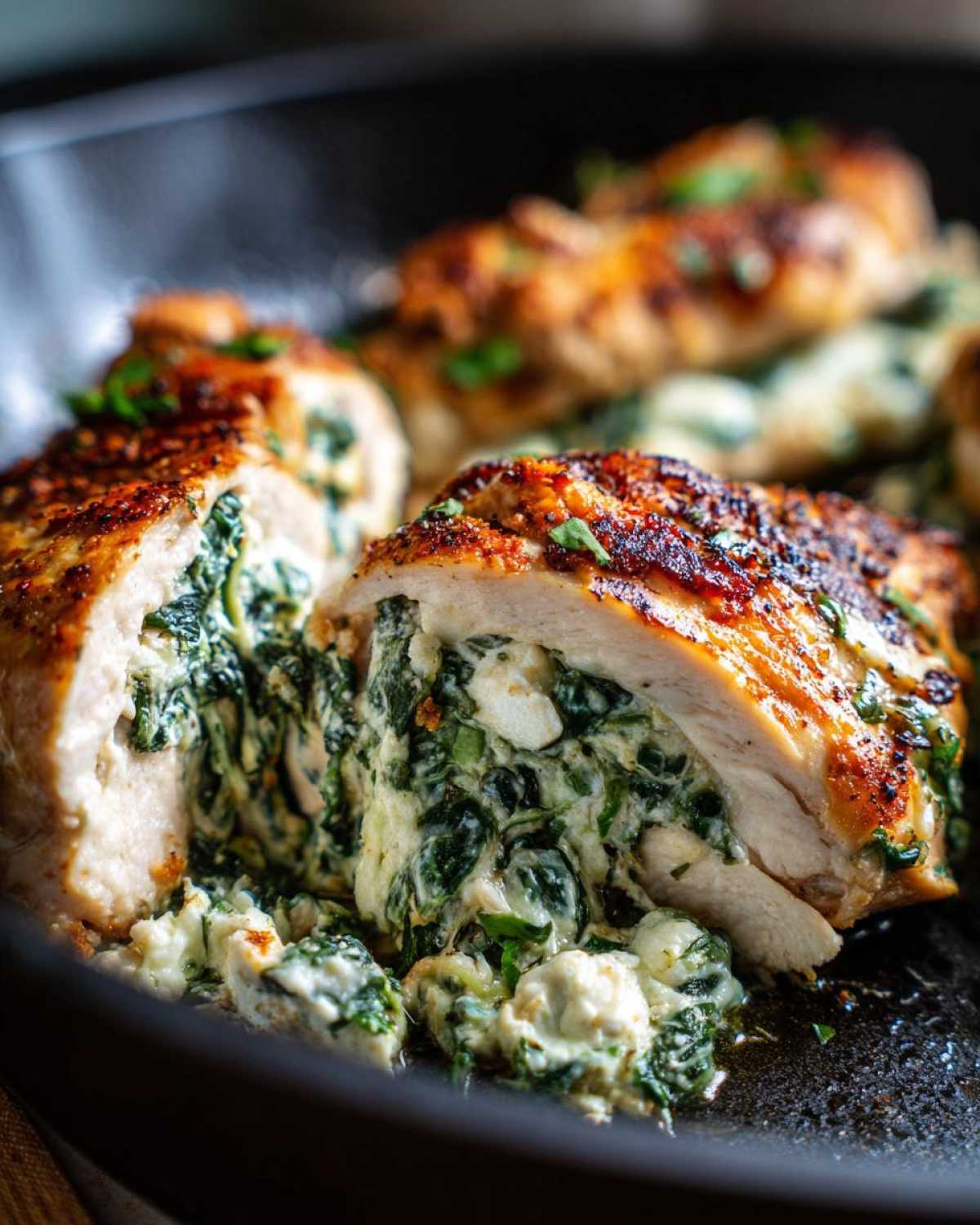 Close-up of Creamy Spinach Ricotta Chicken Skillet, showing seared chicken breast cut open revealing creamy spinach and ricotta filling.