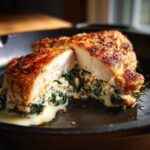 Cross-section of seared chicken breast stuffed with creamy spinach ricotta filling in a skillet.