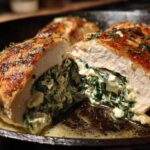 Cross-section of a perfectly seared chicken breast stuffed with creamy spinach and ricotta, part of the Creamy Spinach Ricotta Chicken Skillet.