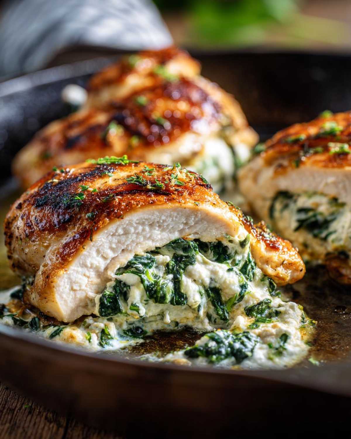 Close-up of a seared chicken breast cut open to show the creamy spinach ricotta chicken skillet filling.