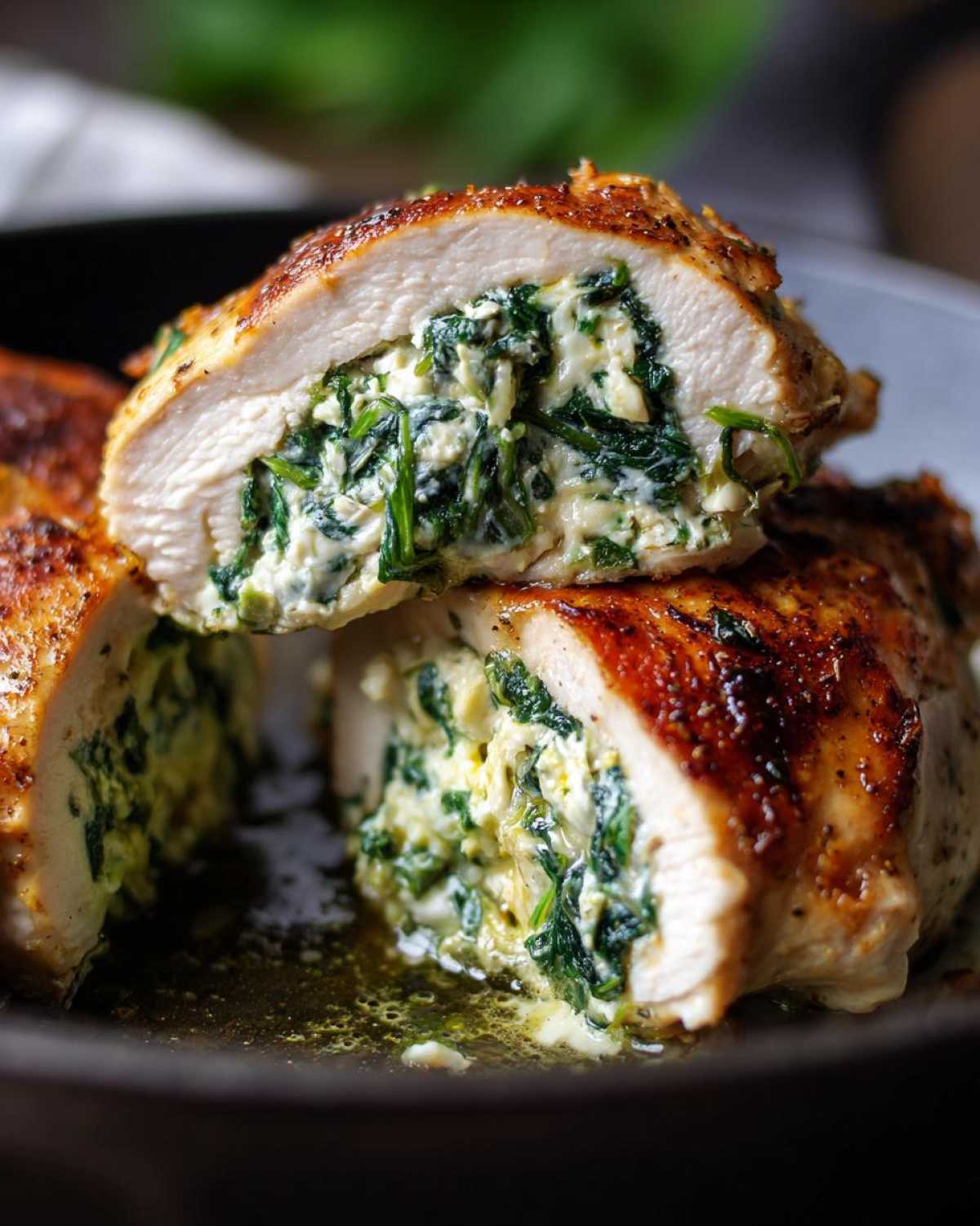 Cross-section of a golden-brown chicken breast stuffed with creamy spinach ricotta filling from the Creamy Spinach Ricotta Chicken Skillet.