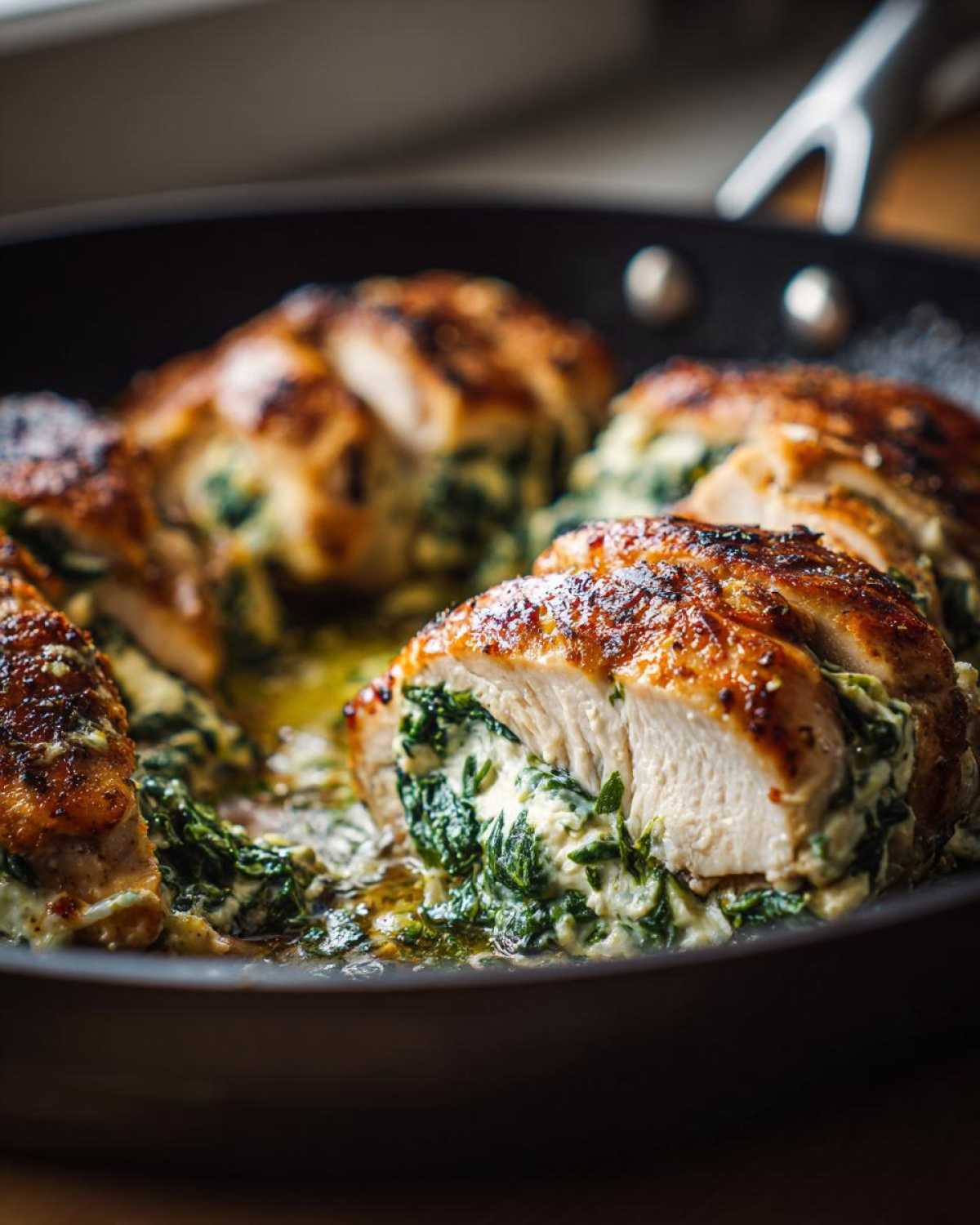 A cross-section view of seared chicken breasts stuffed with creamy spinach ricotta filling in a skillet.