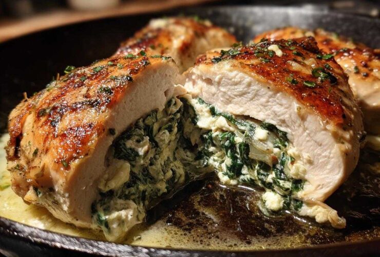 Cross-section of a perfectly seared chicken breast stuffed with creamy spinach and ricotta, part of the Creamy Spinach Ricotta Chicken Skillet.