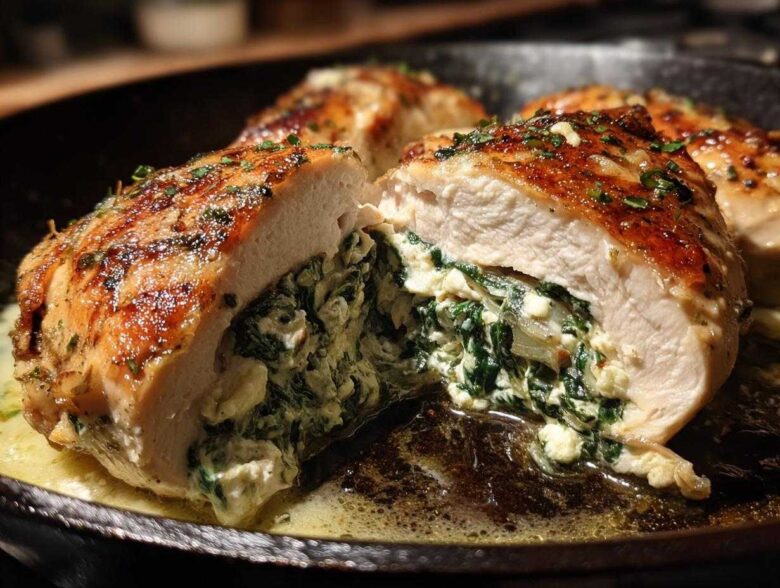 Cross-section of a perfectly seared chicken breast stuffed with creamy spinach and ricotta, part of the Creamy Spinach Ricotta Chicken Skillet.