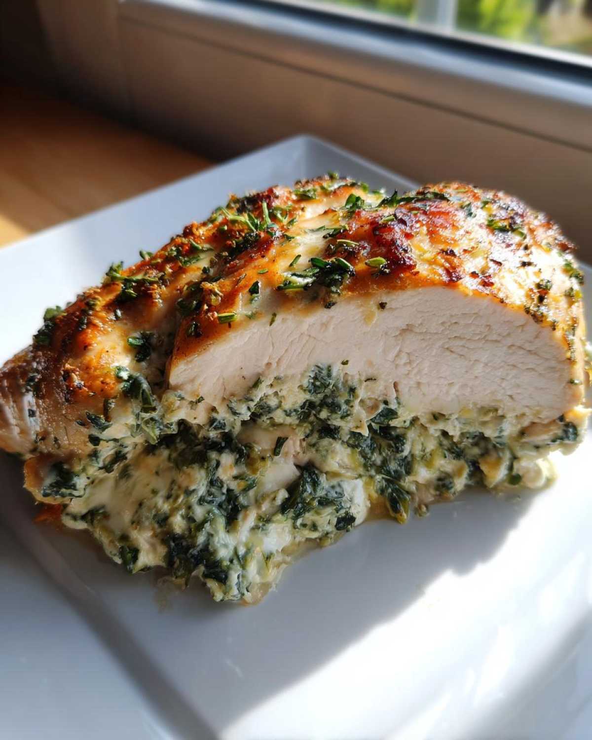 Cross-section of a perfectly cooked Creamy Spinach Stuffed Chicken Breast showing the savory filling.