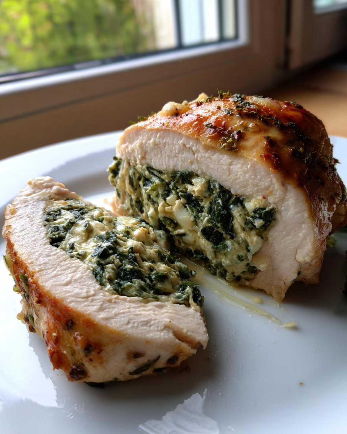 Cross section of a juicy Creamy Spinach Stuffed Chicken Breast showing the rich, creamy spinach filling inside the perfectly cooked white meat.