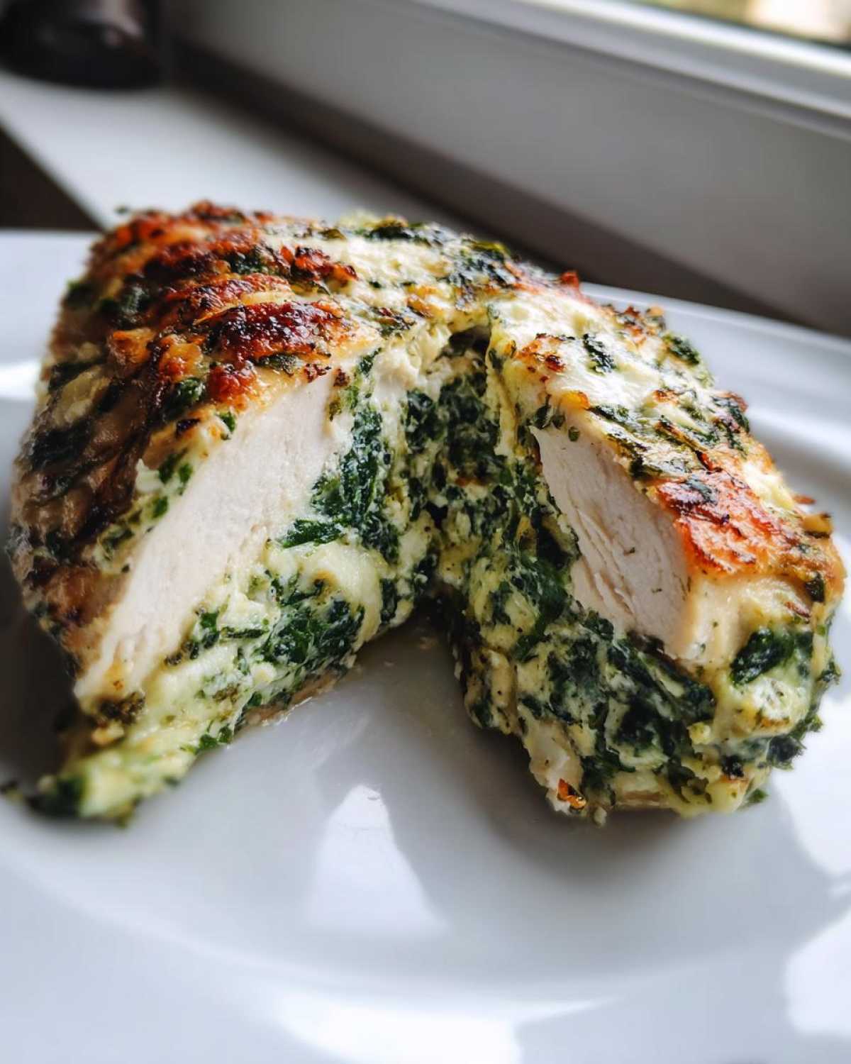 Close-up of Creamy Spinach Stuffed Chicken Breast cut in half, showing white meat and rich green filling.
