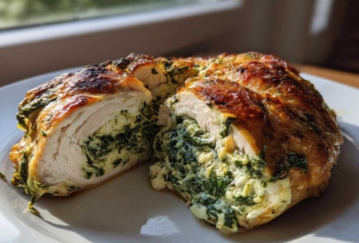 Cross-section of a golden-brown Creamy Spinach Stuffed Chicken Breast revealing the rich, creamy spinach filling inside.
