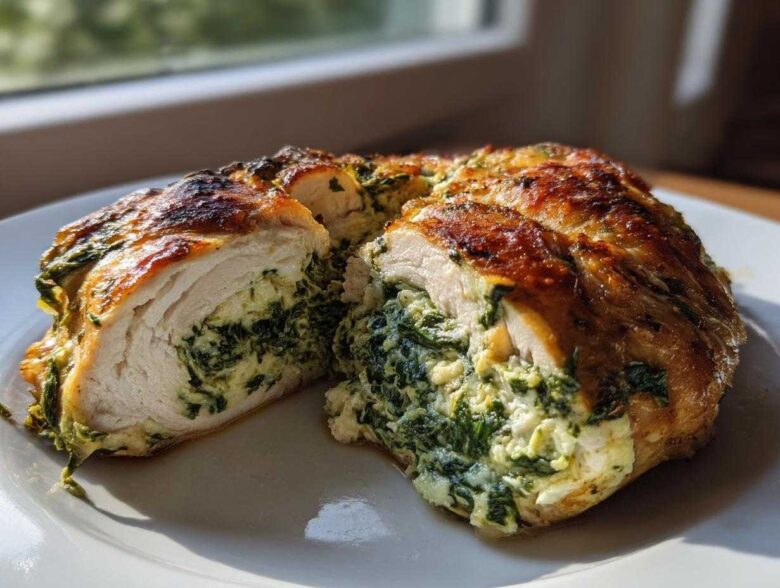 Cross-section of a golden-brown Creamy Spinach Stuffed Chicken Breast revealing the rich, creamy spinach filling inside.