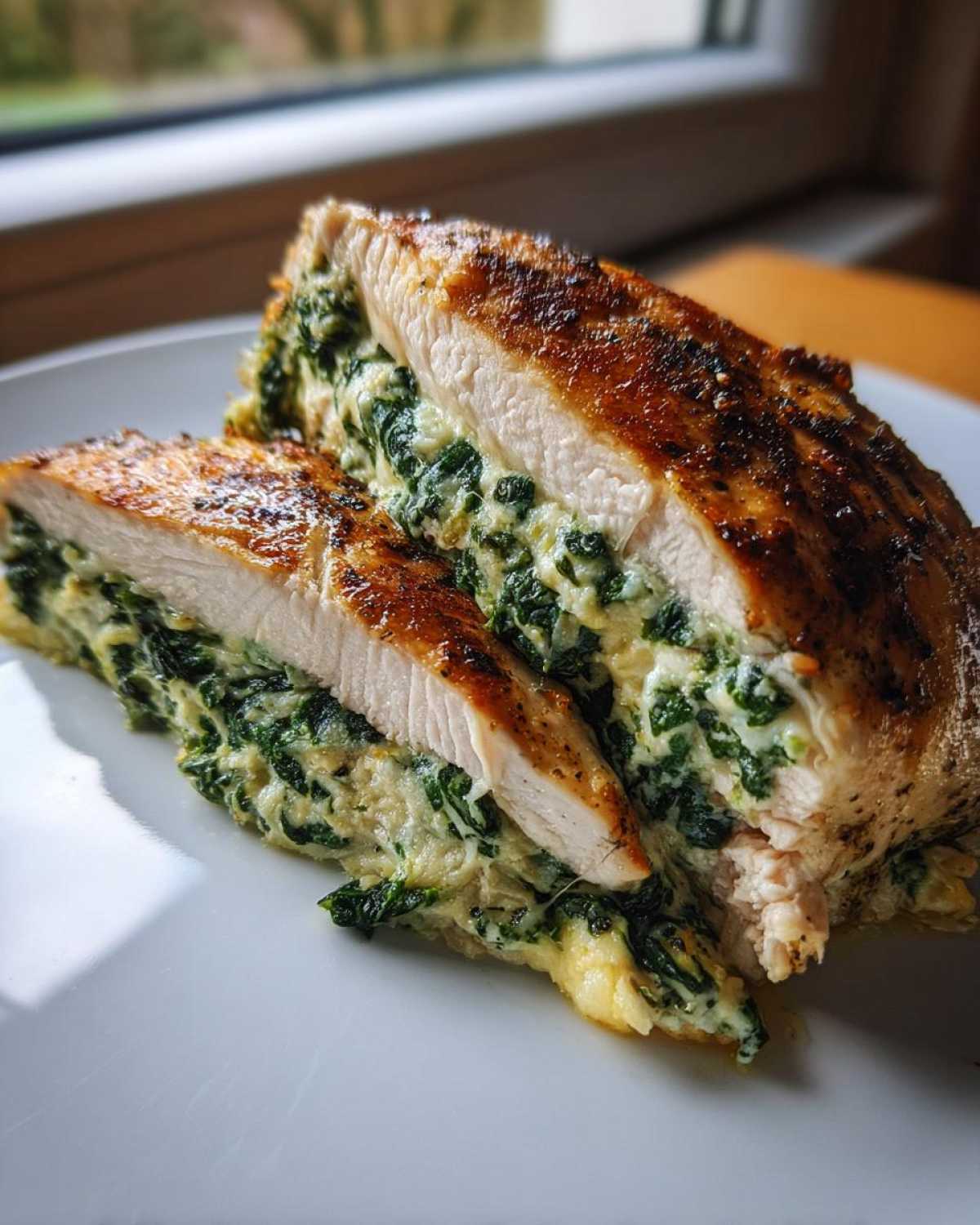 Cross-section view of a perfectly cooked Creamy Spinach Stuffed Chicken Breast, showing the golden-brown exterior and rich filling.