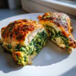 Cross-section of a juicy Creamy Spinach Stuffed Chicken Breast showing the rich green filling.