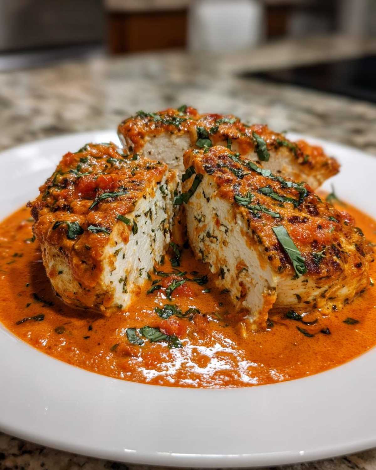 Three cross-sections of juicy chicken breast smothered in a rich, creamy tomato basil sauce.