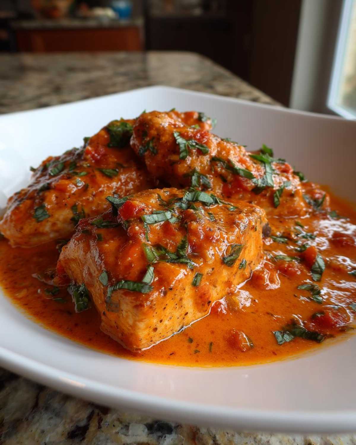 Close-up of chicken pieces smothered in a rich, orange-hued creamy tomato basil sauce, garnished with fresh basil.