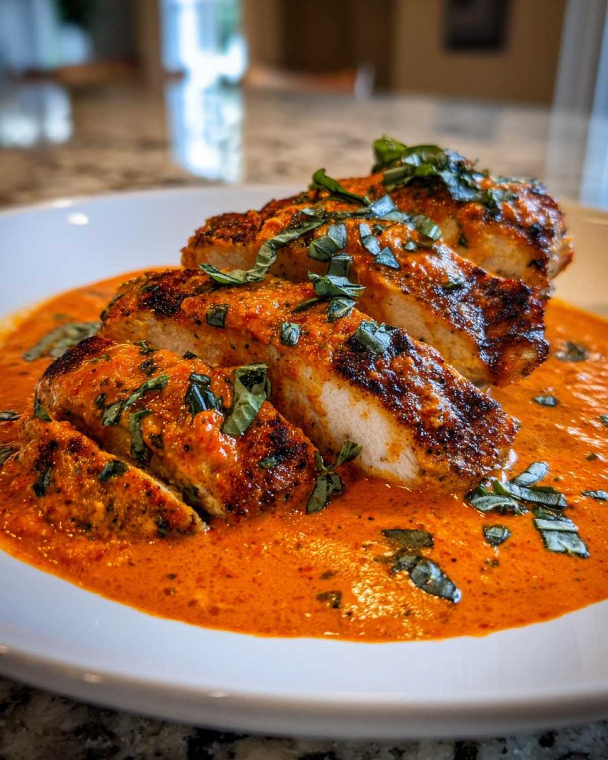 Close-up of sliced, seared chicken breast covered in rich, orange Creamy Tomato Basil Chicken Skillet sauce, garnished with fresh basil.