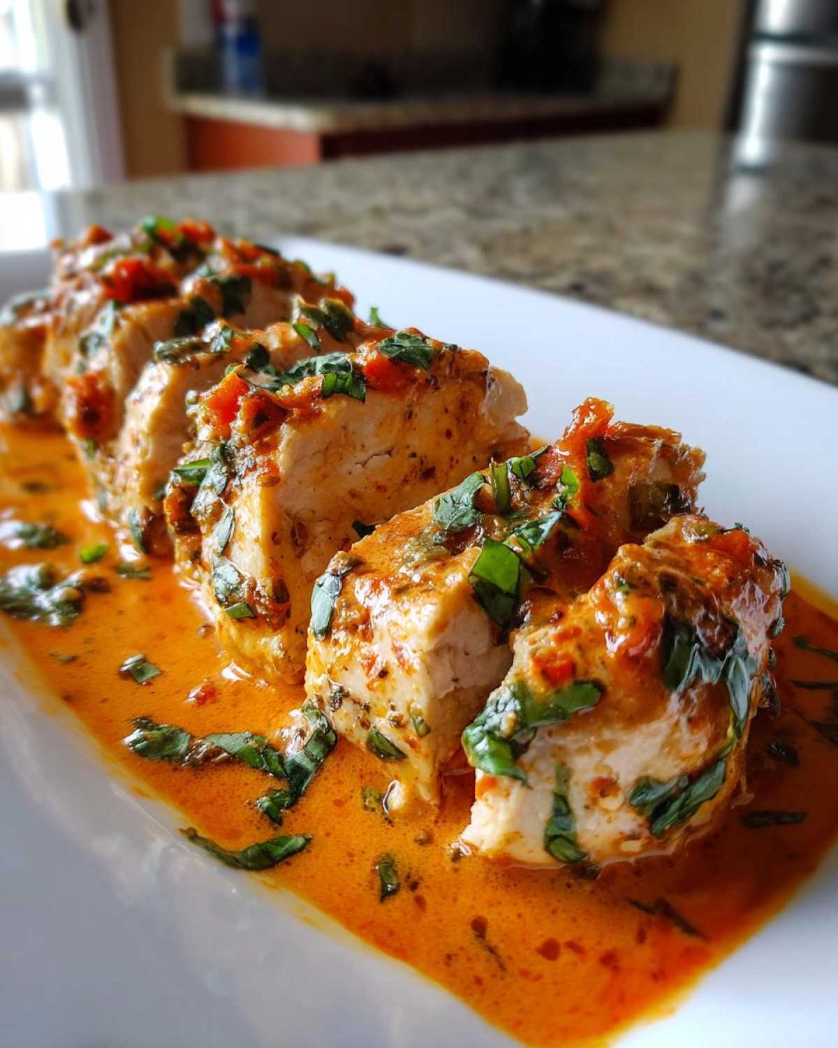 Close-up of sliced chicken breast covered in a rich, creamy tomato basil sauce and fresh basil.