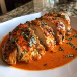 Close-up of sliced chicken breast covered in rich, creamy tomato basil sauce, part of the Creamy Tomato Basil Chicken Skillet Recipe.