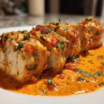 Close-up of sliced chicken breasts served in a rich, orange-hued creamy tomato basil sauce.