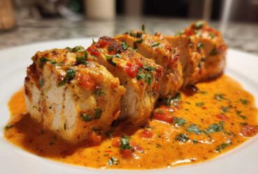 Close-up of sliced chicken breasts served in a rich, orange-hued creamy tomato basil sauce.