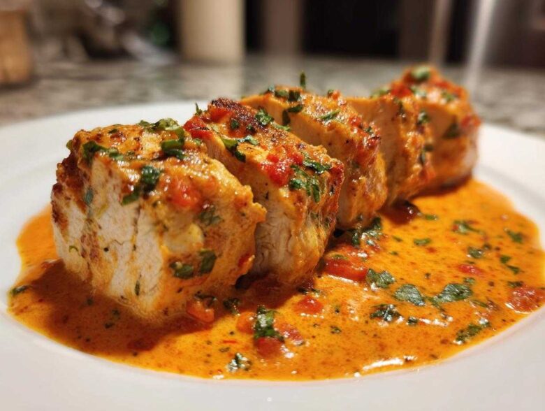 Close-up of sliced chicken breasts served in a rich, orange-hued creamy tomato basil sauce.