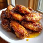 A pile of Crispy Baked Chicken Wings with Honey Glaze, glistening under bright light.