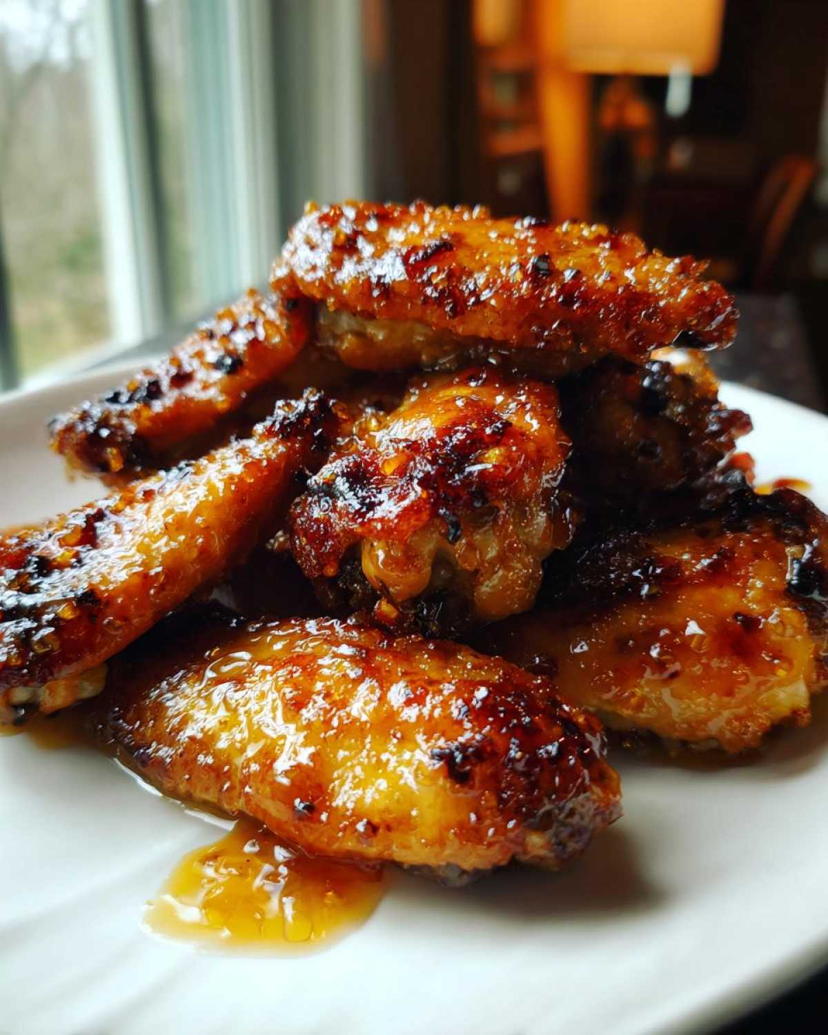 A stack of Crispy Baked Chicken Wings with Honey Glaze glistening on a white plate.
