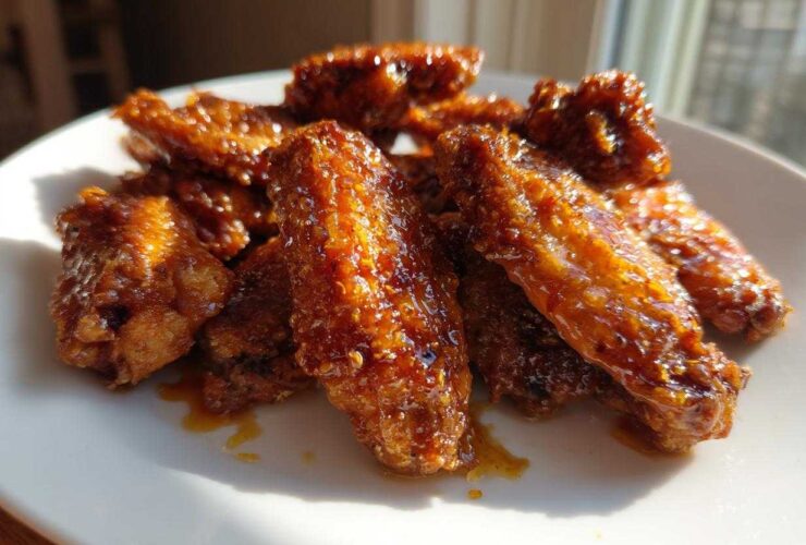 A close-up of several Crispy Baked Chicken Wings with Honey Glaze piled on a white plate, glistening under sunlight.