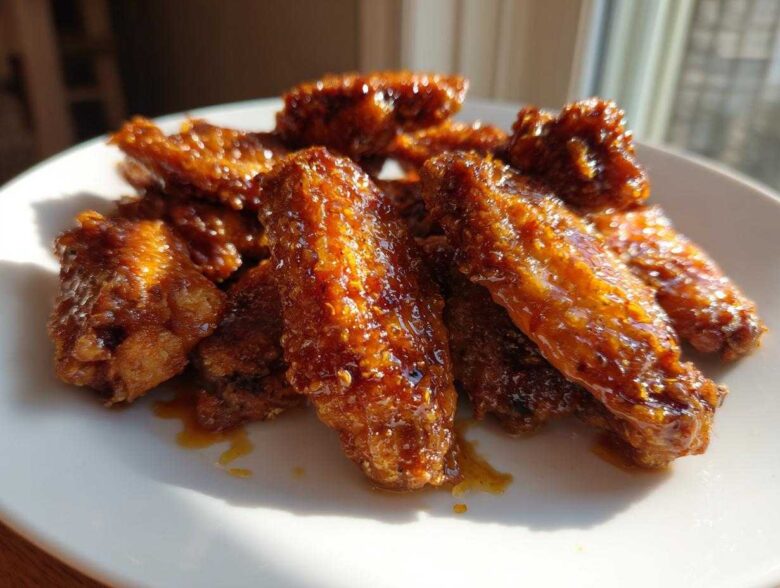 A close-up of several Crispy Baked Chicken Wings with Honey Glaze piled on a white plate, glistening under sunlight.