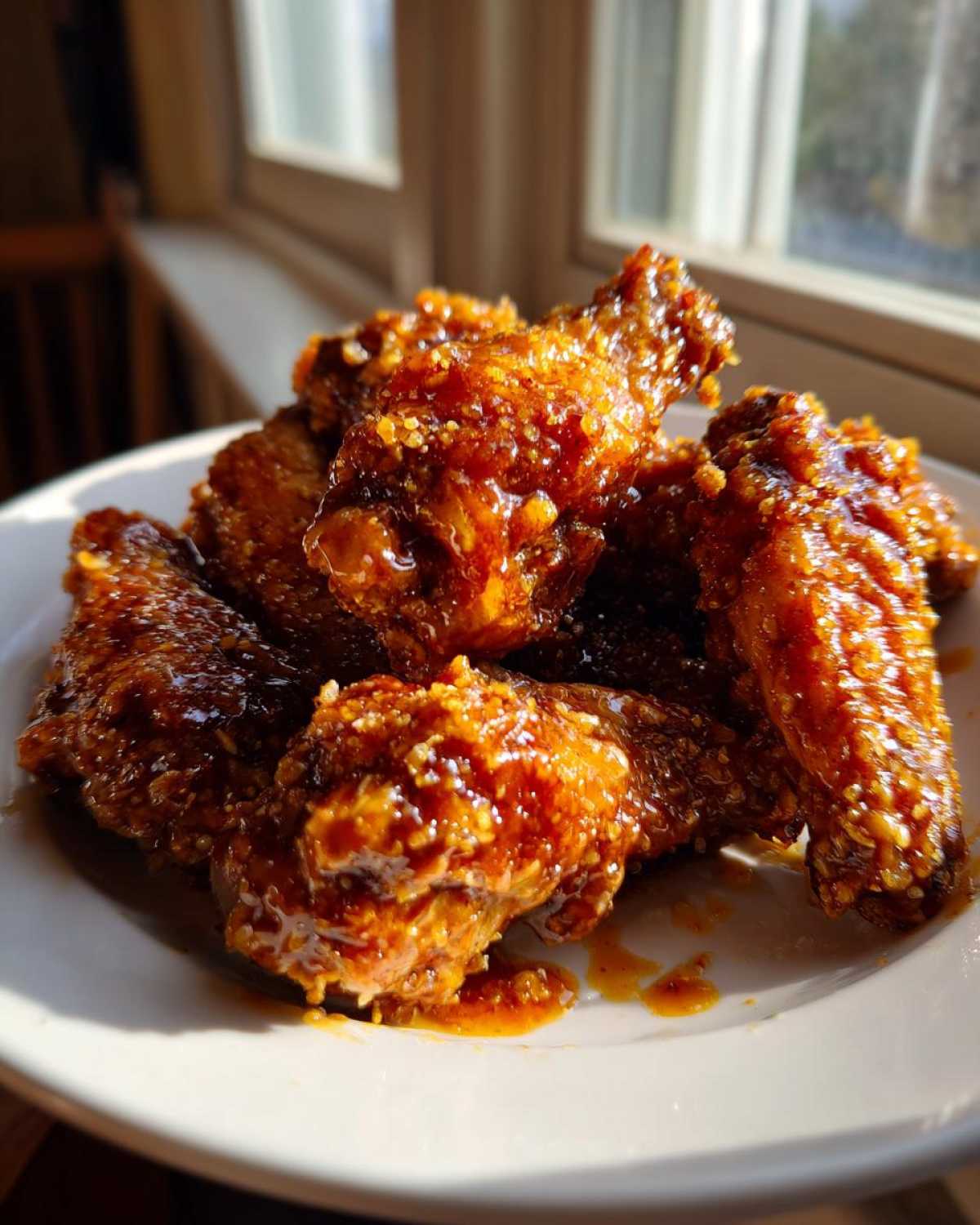 A pile of Crispy Baked Chicken Wings with Honey Glaze glistening under natural light on a white plate.
