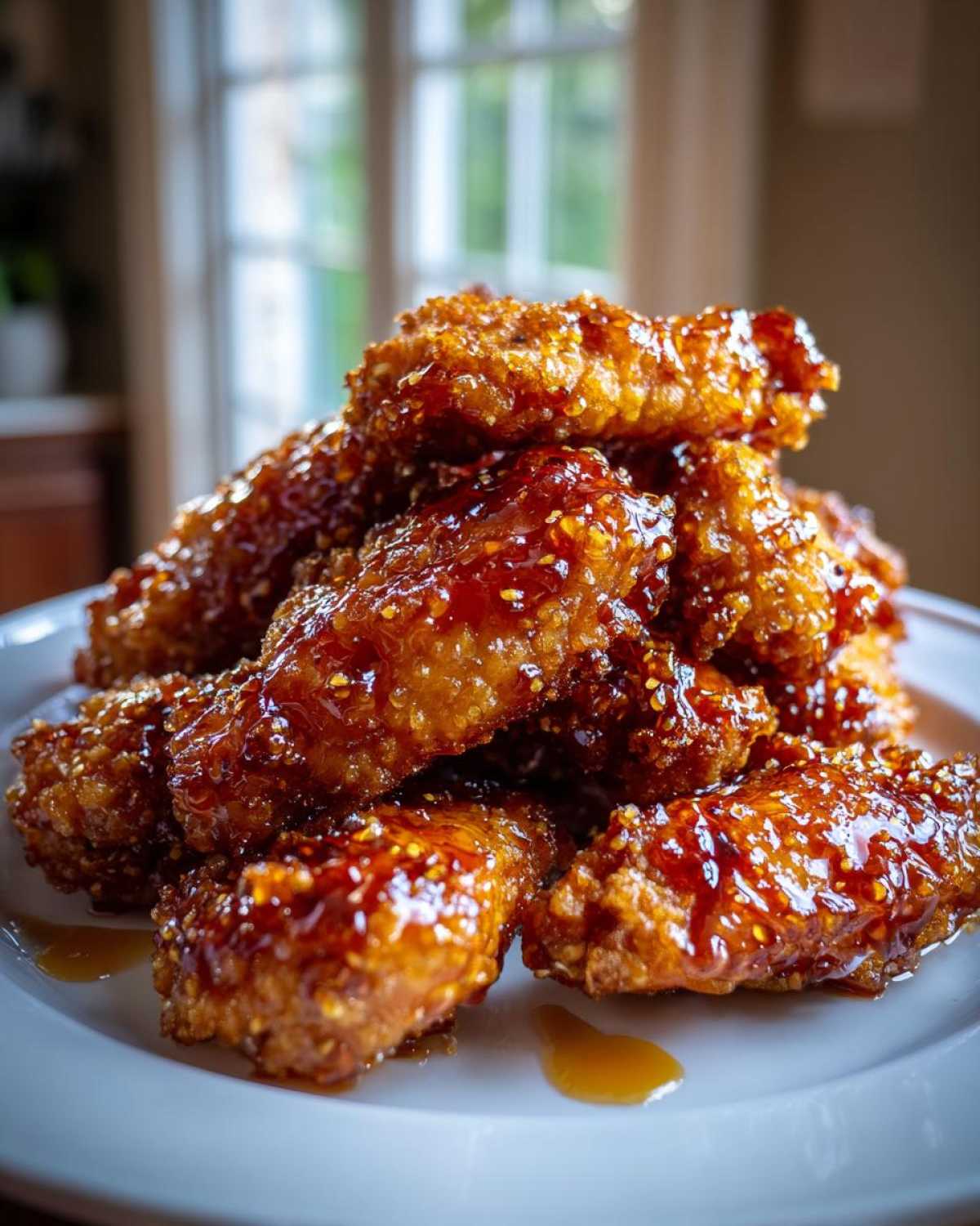 A mound of Crispy Baked Chicken Wings with Honey Glaze piled high on a white plate, glistening under soft light.