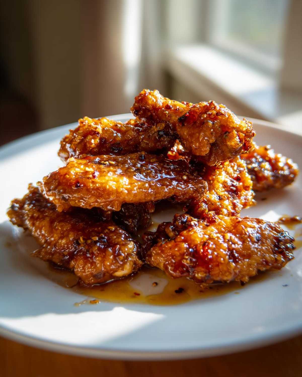 A stack of incredibly crispy baked chicken wings with honey glaze glistening under natural light.