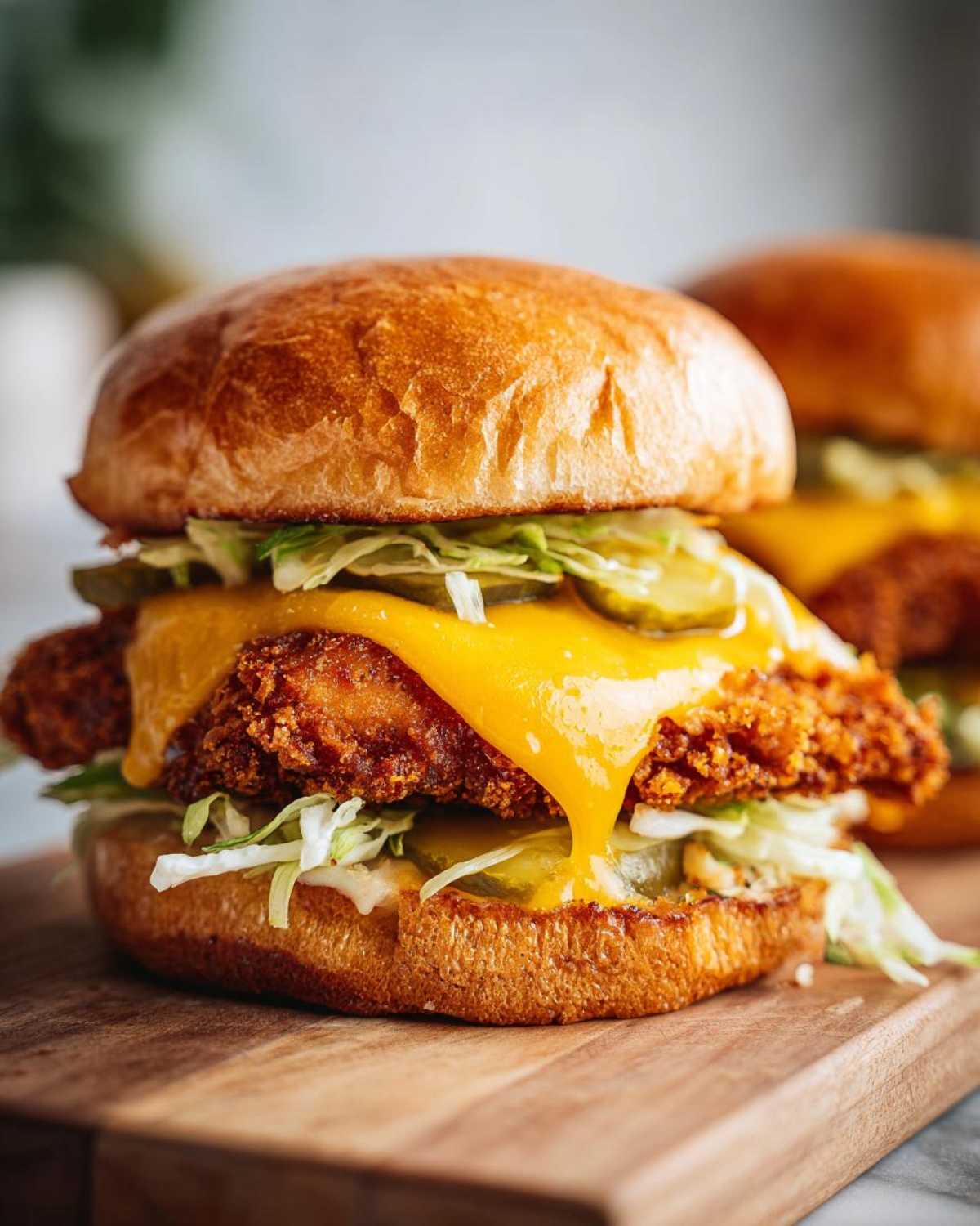 A delicious Crispy Chicken Burger with melty cheese dripping over the fried chicken patty, lettuce, and pickles on a brioche bun.