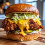 A juicy Crispy Chicken Burger with melty cheese dripping over the fried chicken patty, pickles, and shredded lettuce.