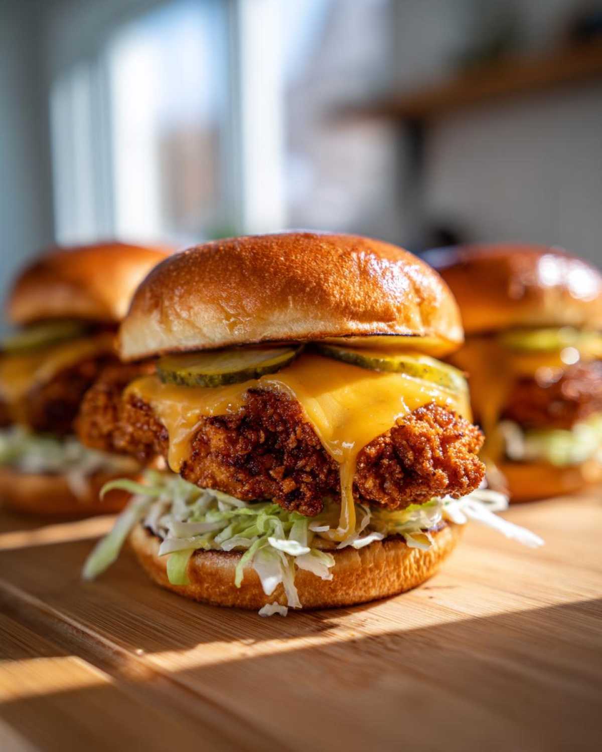 A close-up of a Crispy Chicken Burger with melty cheese, pickles, and shredded lettuce on a brioche bun.