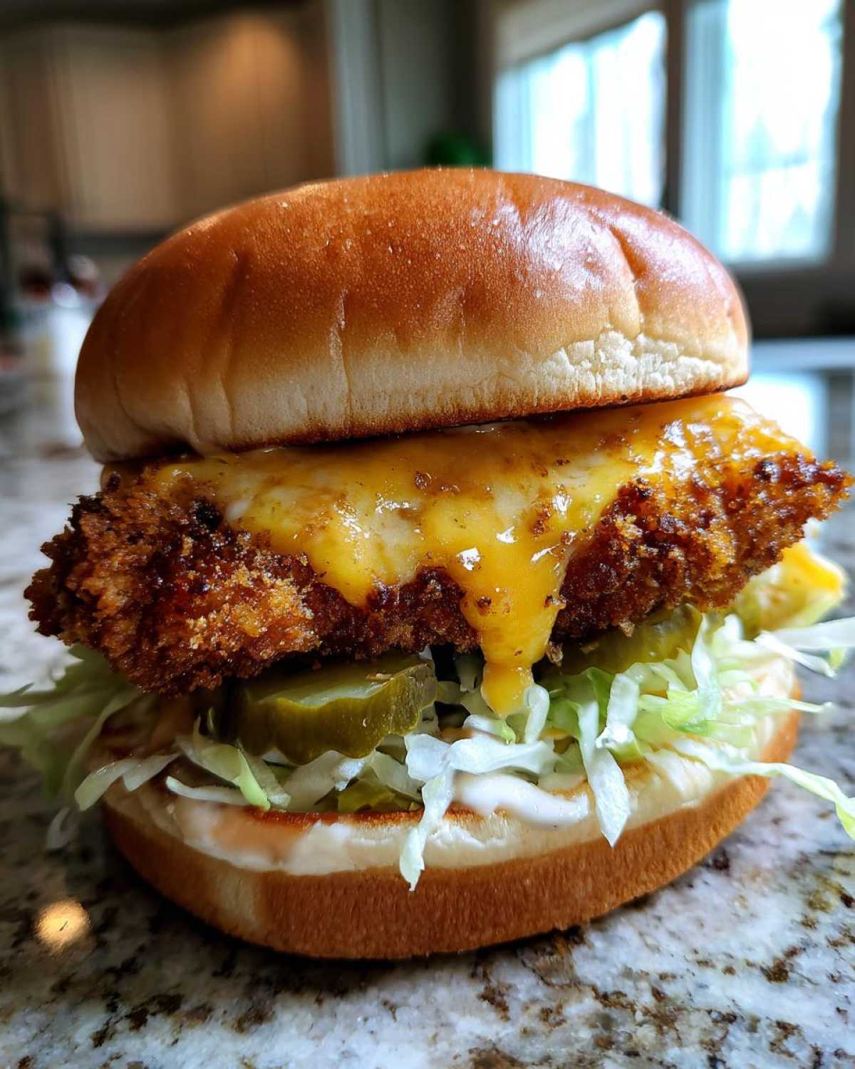 A close-up of a Crispy Chicken Burger with Melty Cheese, featuring a thick fried patty, dripping cheddar, pickles, and shredded lettuce on a brioche bun.